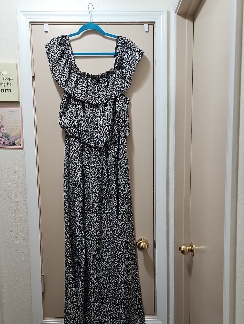 Black and White Floral Maxi Dress with Ruffled Scoop Neck